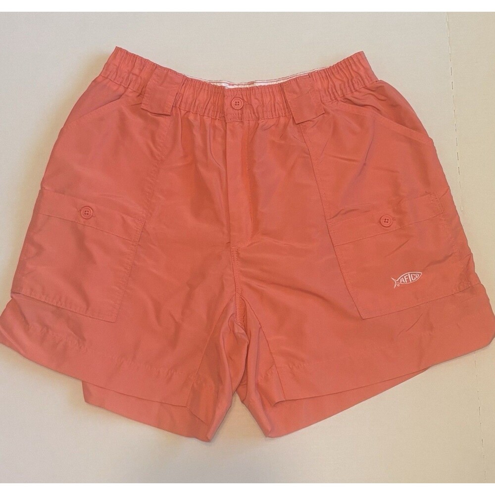 AFTCO Men's Orange Cargo Fishing Shorts Size 34 Elastic Waist Logo